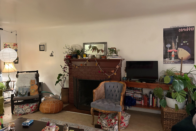 This is our shared living room and our flireplace works! - Seeking roommate ASAP for house in South Eugene 2 blocks from campus! 800/month+ utilities