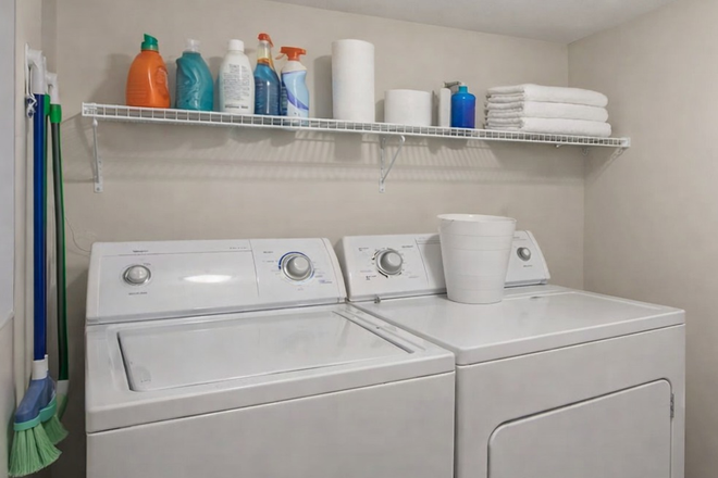 Laundry appliances in apartment - Private Rooms Available at Hart’s Cove Near Clemson University Apartments