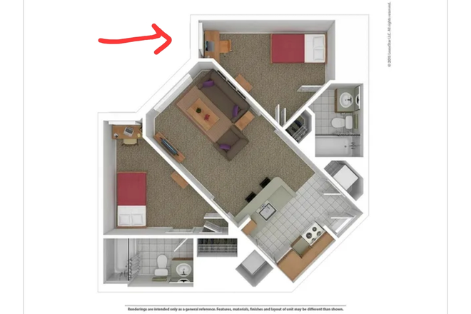 Apartment floor plan - arrow is to the side you'd be on. However the other closet & bathroom in the other room is more accurate. - South Campus Commons
