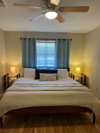 King bedroom with desk and large TV - Modern King Bedroom with Private Ensuite Bathroom