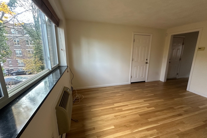 Living room and entry with picture window - Treetop Two-Bedroom Near Harvard & Central Condo