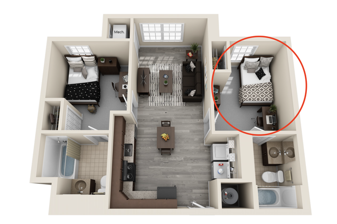 Floorplan (w/ available bedroom circled) - Private Bed + Private Bath in 2B/2B — Euclid Ave | Fully Furnished | Utilities Included Apartments