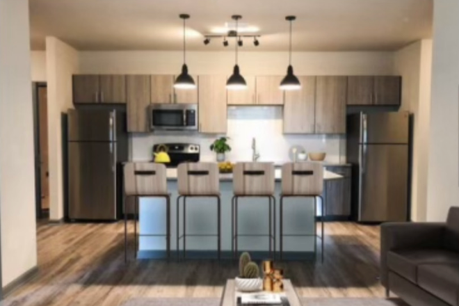 kitchen living area layout - Union on Fletcher Room with private bath in 4x4 apt