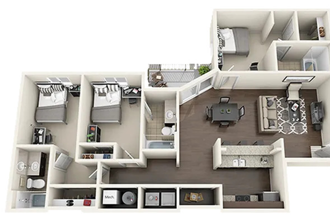 Floorplan - University Park- 3 Room- Kitchen- Fully Furnished- Individual Apartments