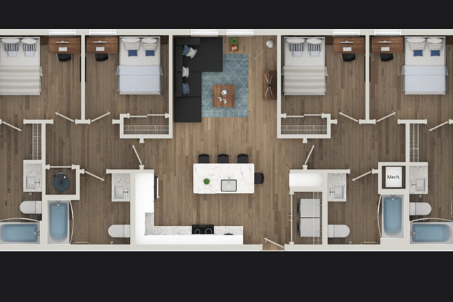 birds eye view of apartment sublet is for the the left corner bedroom with the bathroom connected - Aspen Heights College Park