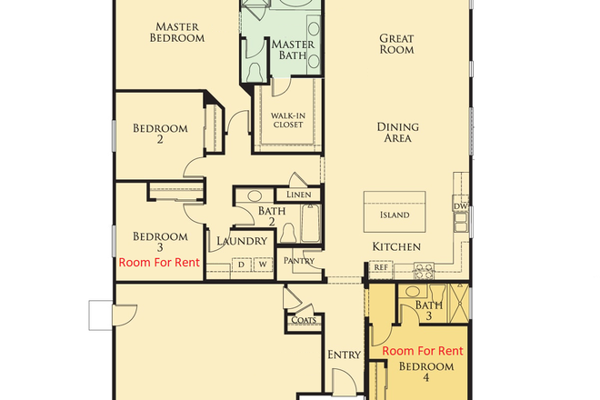 Rooms for rent are in red - 2 furnished rooms available - 1 with private bath. Kitchen, Laundry, Internet, Utilties Included. House