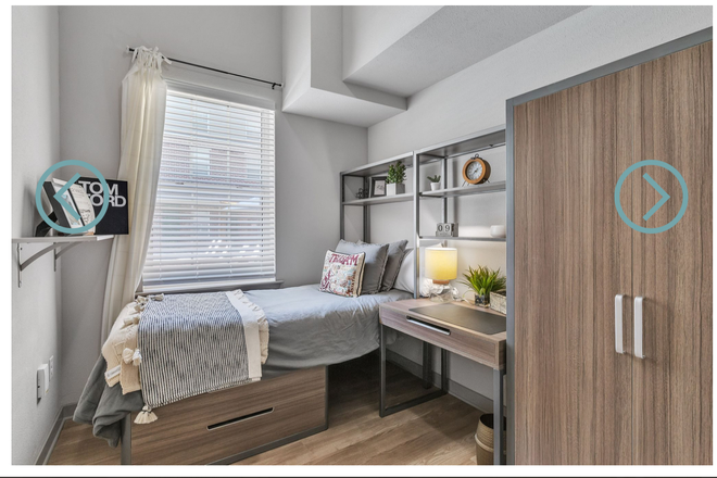 Model bedroom.   The unit available is just like this with x-long twin and desk with armoire. - Sublet at 12 North, across the street from Campus! Available June 1, we’ll pay your application fee!