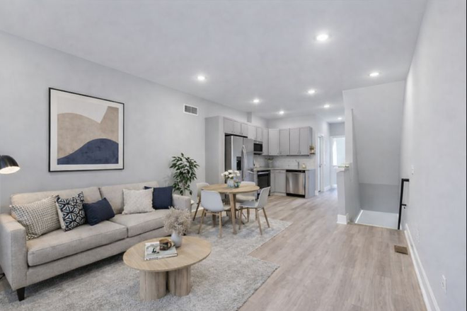 Living Room - Dining - Kitchen (3rd floor) rendered as furnished - Brand New 4-bed, 3-bath apartment near Drexel and UPenn, Avail 7/1/2026