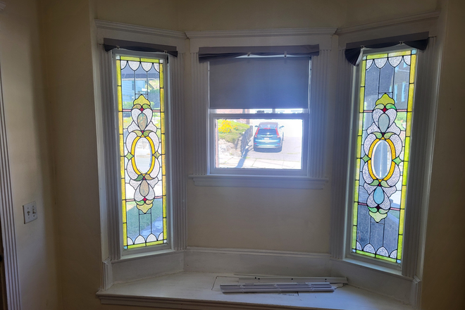 Entry way with stained glass windows ( right side of photo is truncated on upload) - 98 Westbourne Terrace -   3 BR 1 BA  Washington Sq  Brookline