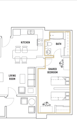 Shows living room, kitchen, and shared bedroom. Apartment includes 2 single rooms not included in the image. - University Village at Boulder Creek