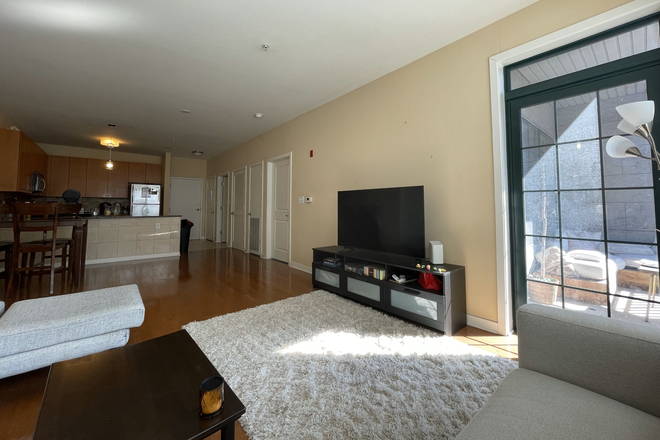 Living room with kitchen in background and door to balcony - Subletting Village Lofts Apartment - Summer and/or Fall - Spacious BR, Private BA, In-unit W/D