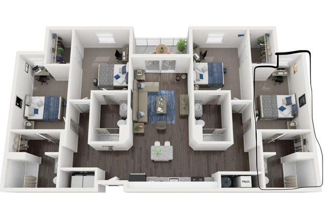 Floor Plan 4x4 Large Unit D - Park West Apartments Relet, Female ONLY! 4x4! Close to Campus!