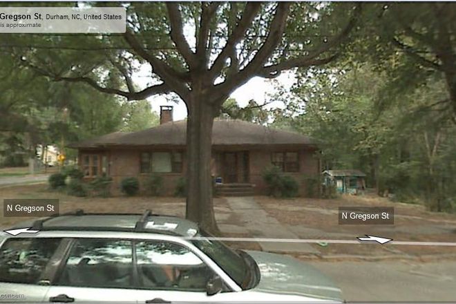 vue  from  Gregson St. The enclosed porch on the left end of the house faces W. Markham Ave. May see it on google. - 3500 sf brick house, two blocks from Duke East. Hardwood and tile floors, 6 bdrms, 2.5 baths