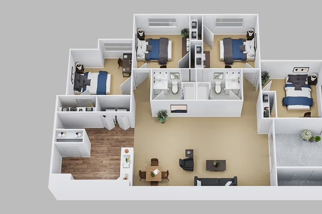 Overview of Apartment. Room will be room C, third from the left. - The Pointe at Central 4x2 (1 Bed, Shared Bath) Apartments