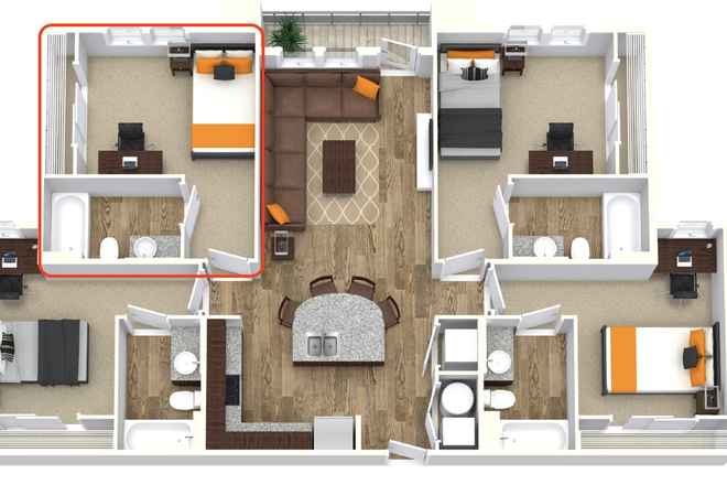 Layout - bedroom in red - University Walk MALE SPRING 2026 Sublease Apartments