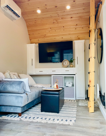 Living Area with Oversized TV - Short or Long Term Private Tiny House for Quiet Female (Preferred) Student/Professional