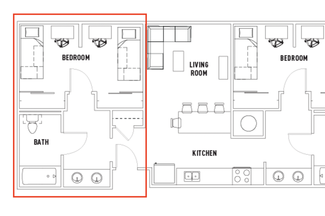 The boxed area is the space being sublet. - PV1 Summer Sublet 2bed-2bath(maybe shared room), Close to UCI, Female UCI student ONLY(negotiabl
