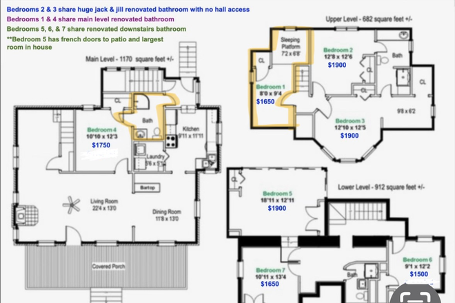 yellow highlight is my bedroom and bathroom. prices differ with sublet - Spring 2026 Sublet
