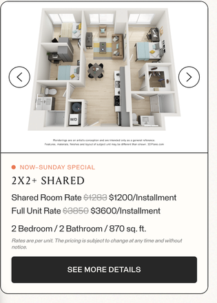 Furnished 2-bed, 2-bath layout with an open living/kitchen area and an in-unit washer/dryer. - the abbot Apartments