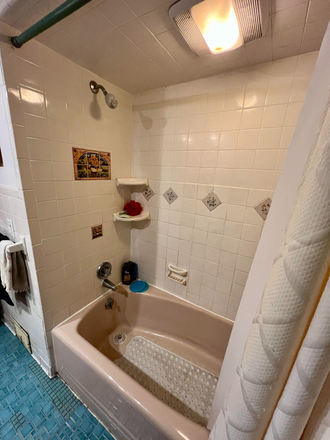 First floor bathroom with a white marble countertop - Lovely 2 bedroom home in Amherst on tree-lined street