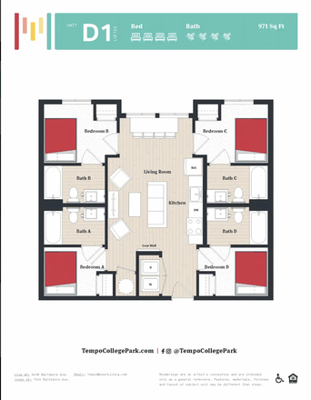 Entire apartment layout (Bedroom (A) on 7th floor) Text me for photos of actual apartment and room - 1 bed/1 bath Apartment at Tempo for Spring/Summer Sublease