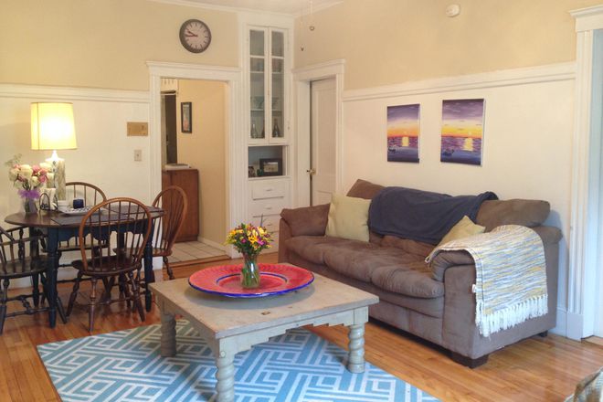 Living room area - 208 Allston St., Unit 1, Wood floors, high ceilings, fireplace, W/D, dishwasher, 833 sf,