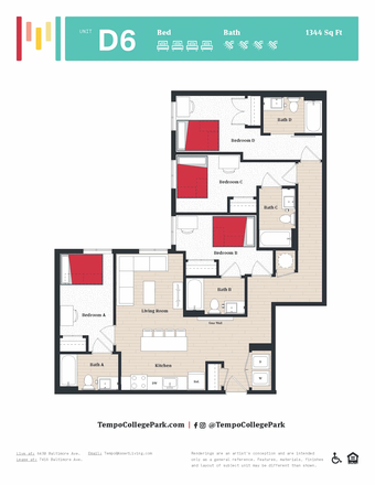 Full Unit Floor Plan from Tempo College Park Website. D6 Apartment. - Tempo Apartments - D6 Floor Plan Apartment Room - Fully Furnished