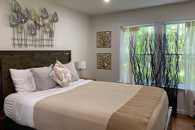 Bedroom 1 - fits queen bed (work space and 44 inch TV not shown) - Furnished 2BR/2 bath condo-Acadia Ct-Princeton