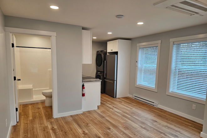 kitchen and dining space with all new appliances and large windows - Modern Studio Apartment