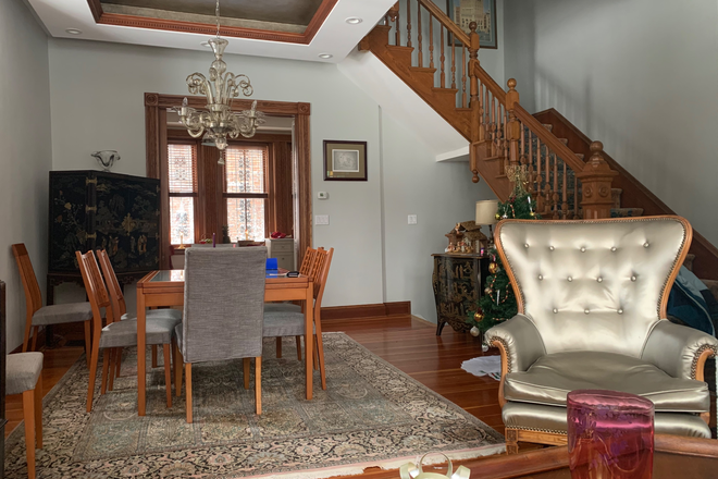 Main 1st floor : living room , dining room, kitchen - Furnished bedroom , study, private bath with kitchen privileges in single family brownstone. Townhome
