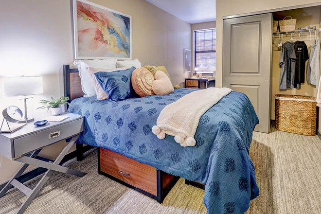 Bedroom (model unit, mirrored) - Furnished, Dorm-style Apartment only one block from Campus!