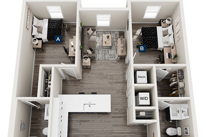 Bird's eye view of the layout of the apartment. The offered bedroom B is on the right. - Buckeye (2B 2B) Bedroom B Lease Takeover at The Standard