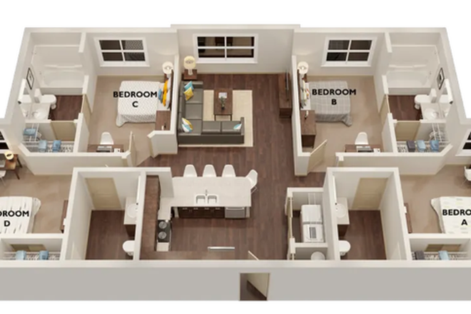 D1 Floor Plan - $635 a month! Washer/Dryer in unit, AC, Internet, fully furnished, gym, pool, hot tub, game room &