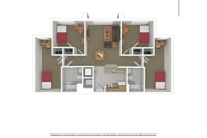 Floorplan; Apartment would be top right; Note: kitchen has a slightly different layout. - South Campus Commons Building 7 Apartment