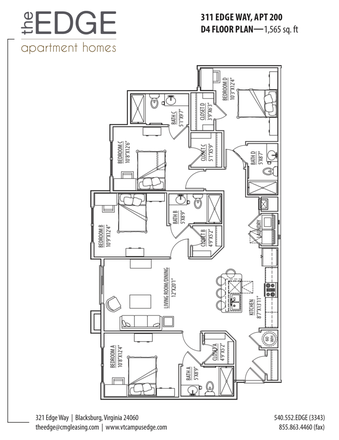 Lease Assignment for Bedroom D - The Edge Apartments, Apartment close to campus and downtown