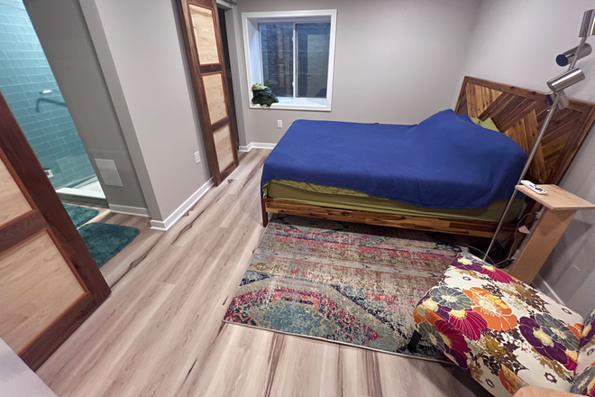 Bedroom — comfy queen memory foam mattress, space for a small desk and dresser - Newly renovated - Bedroom & private bath in adorable University Park house with patio and hot tub!