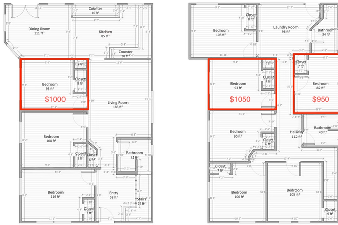 Floor plan with rooms for rent - Three single rooms available in large North Berkeley home