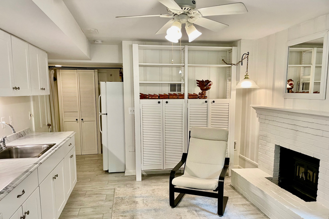Main room with fireplace and kitchen, full refrigerator behind shelves - Sunny Garden Apartment in Palisades Neighborhood