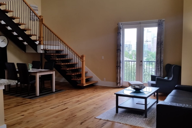 Entrance to the 2 bedroom, 2-story loft - Modern FURNISHED condos; less than. 30 min WALK to Rice!