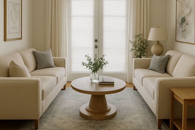 Staged living room - Two blocks from VUMC! 786 sq ft one bedroom