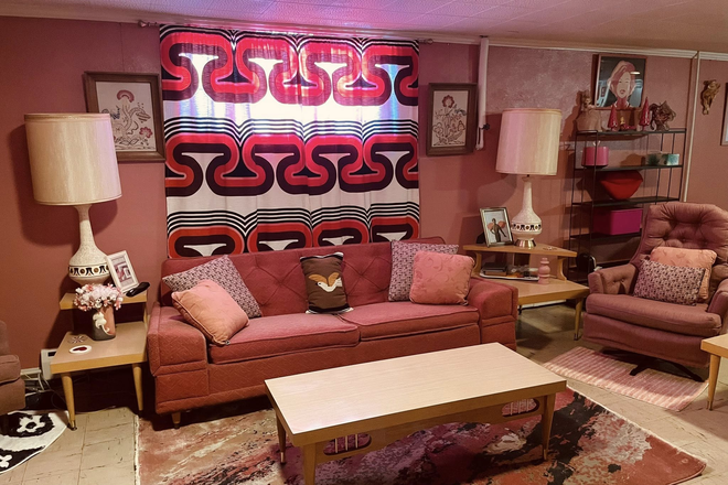 Living Room Area, 1 Couch and 3 chairs - Large Furnished Mid-Century Modern Styled Basement "Apartment" Space for up to 2 roommates