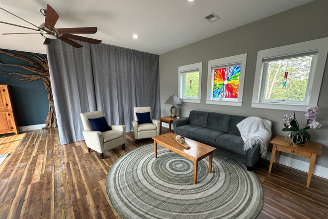 Living room with bedroom partition closed - Modern Lakeview Studio / Peaceful Executive Retreat near Charleston, SC Apartments