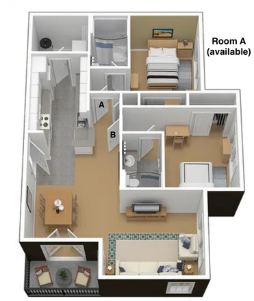 This is the layout of the 2x2 deluxe. This is unit is an ADA unit therefore bedroom A and the common spaces are bigger than shown here. - Courtyards at UMD Apartments