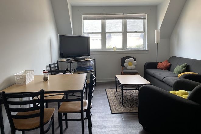 Living room, windows and TV - South Campus Commons, Building 1 Apartments