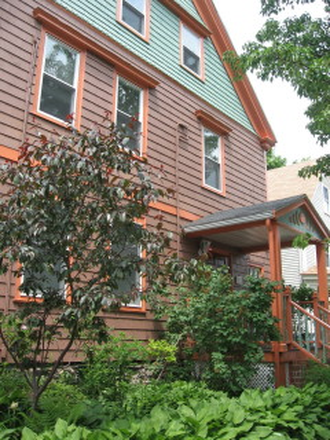 Street view of property front entry - large one-BR/one Bath Furnished unit on quiet street next to Cambridge line