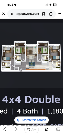 Floor plan - University Village Towers: highly desirable, 2nd Floor 4x4 Shared Double 4 Be Apartments