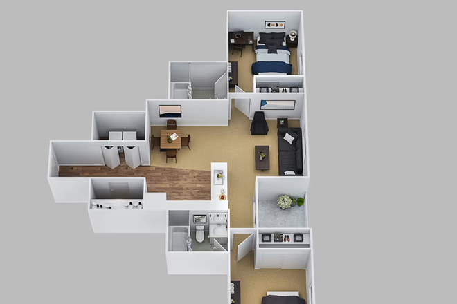 Full Floorplan. Listing is for Bedroom A, located near top of the image. - The Pointe at Central