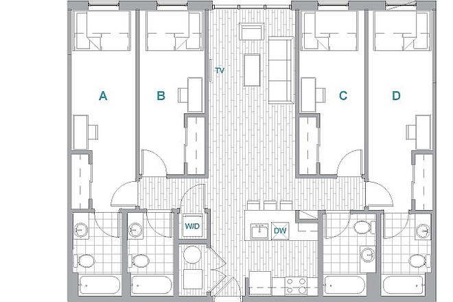 Unit floorplan. Listing is for room C and adjacent bathroom. - Landmark Apartments