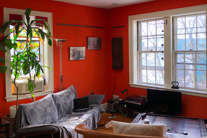 Living Room with architectural skylight - Harvard Square Quiet & Bright Designer Apartment available from June 1, 2025