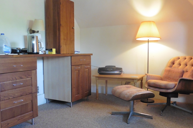 Studio kitchen wall w armchair nook, coffee table, floorlamp. Small fridge now between the cabinets. Carpet. - Large airy studio, walk to to Law School, in Victorian house, private bath, walk-in closet, porch
